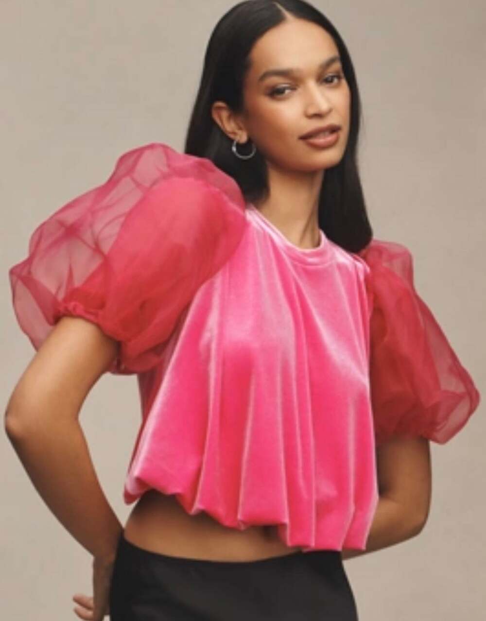 Maeve by Anthropologie Tulle Puff Sleeve Fuchsia Velvet Cropped Blouse SZ Small
